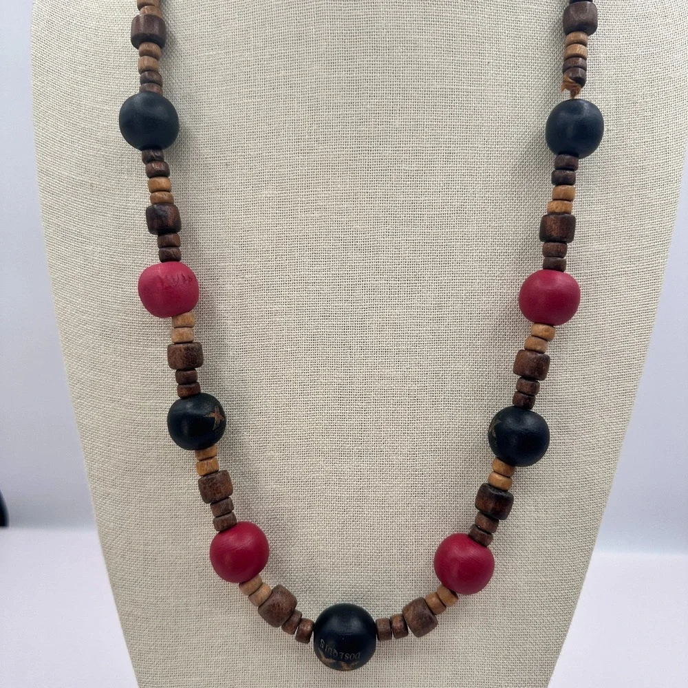 Vintage 90s Dos Equis Wood Bead Necklace Boho Tribal Women's Jewelry